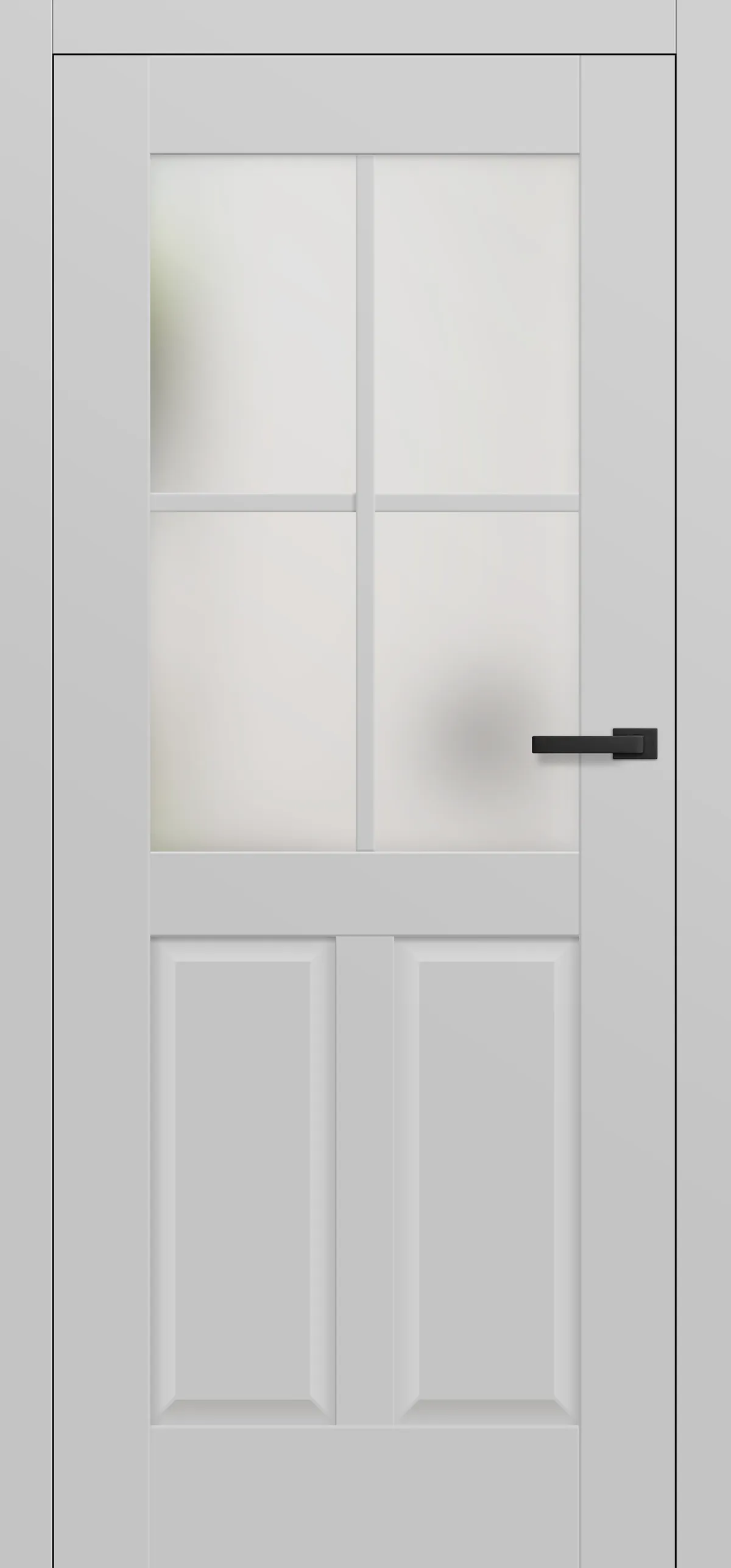 Biała drzwi z czterema matowymi szybami i czarnym uchwytem, umieszczone w jasnej ramie.