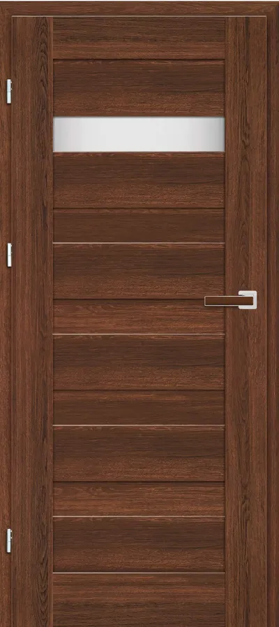 Brązowe drzwi z poziomymi panelami i szklanym wstawieniem na górze.