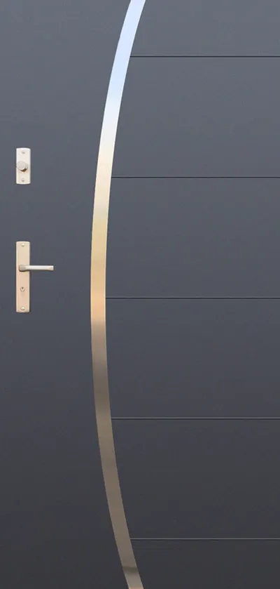 Nowoczesne, ciemnoszare drzwi z metalowym uchwytem i dekoracyjnym, zakrzywionym elementem.