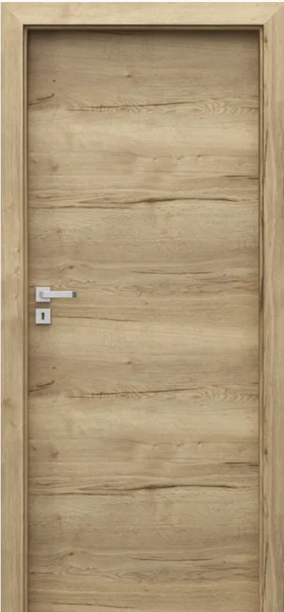 Drzwi w kolorze jasnego drewna z prostym uchwytem metalowym.