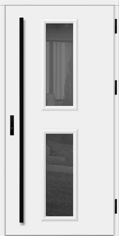 Biała drzwi z dwoma prostokątnymi oknami, z czarnym uchwytem po lewej stronie.