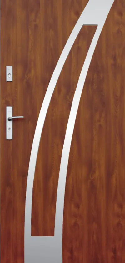 Brązowe drzwi z metalowym, nowoczesnym wzorem w kształcie łuku oraz klamką po lewej stronie.