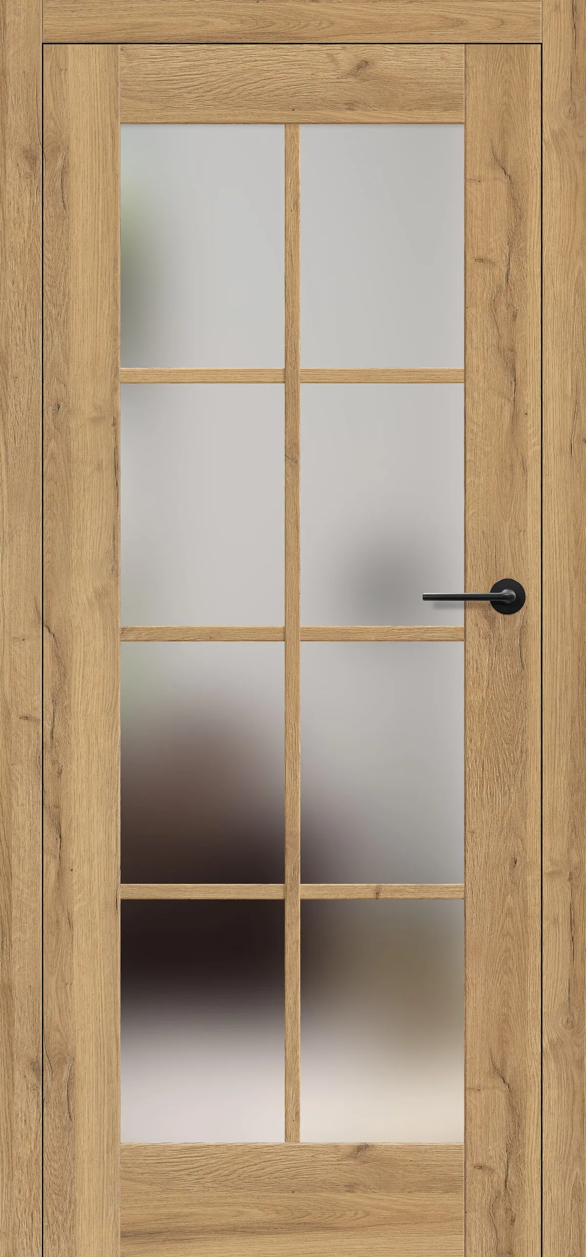 Drzwi z drewnianą ramą i matowym szkłem, z sześcioma prostokątnymi przeszkleniami.