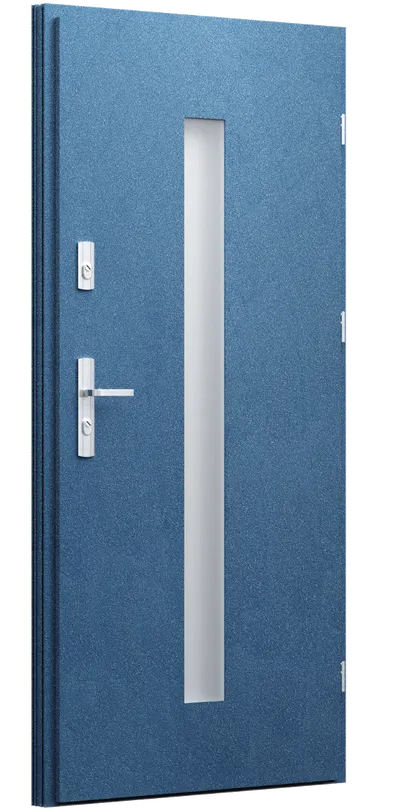 Niebieska drzwi z wąskim oknem, metalowe zamki i uchwyt, nowoczesny design.