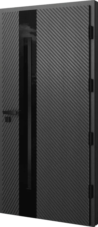 Czarna drzwi z poziomymi rowkami i szklanym panelem, zamontowane na metalowych zawiasach.