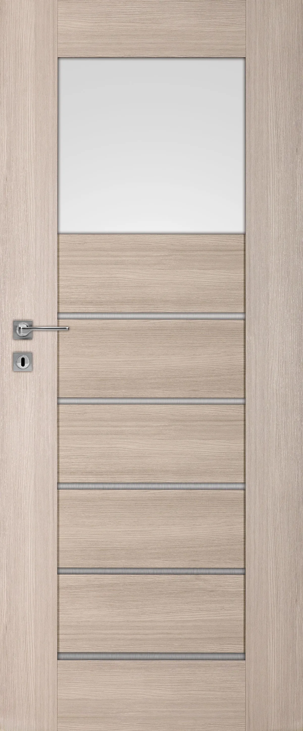Drzwi w jasnym kolorze z poziomymi liniami i szklanym wypełnieniem u góry. Metalowy zamek i klamka.