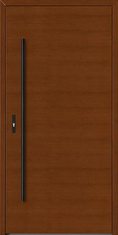 Brązowe drzwi z prostym, czarnym uchwytem i zamkiem, o gładkiej powierzchni.