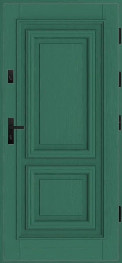 Zielone drzwi z wyraźnym wzorem, wyposażone w czarny zamek i klamkę.