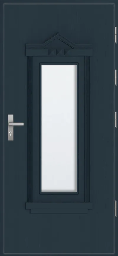 Ciemnoniebieskie drzwi z prostokątnym oknem i dekoracyjnym nadprożem, z metalowym uchwytem i zamkiem.